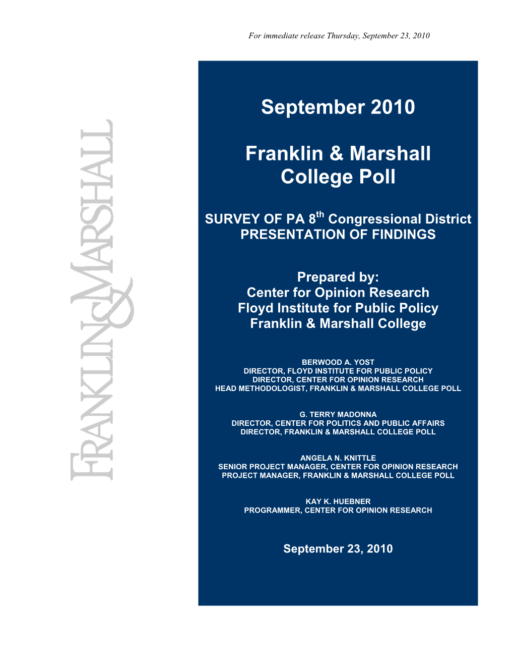 September 2010 Franklin & Marshall College Poll