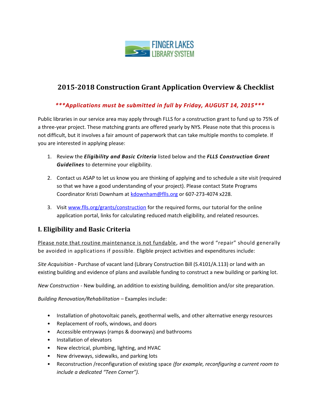 2015-2018 Construction Grant Application Overview & Checklist