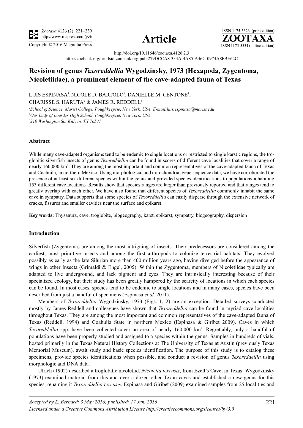 Revision of Genus Texoreddellia Wygodzinsky, 1973 (Hexapoda, Zygentoma, Nicoletiidae), a Prominent Element of the Cave-Adapted Fauna of Texas