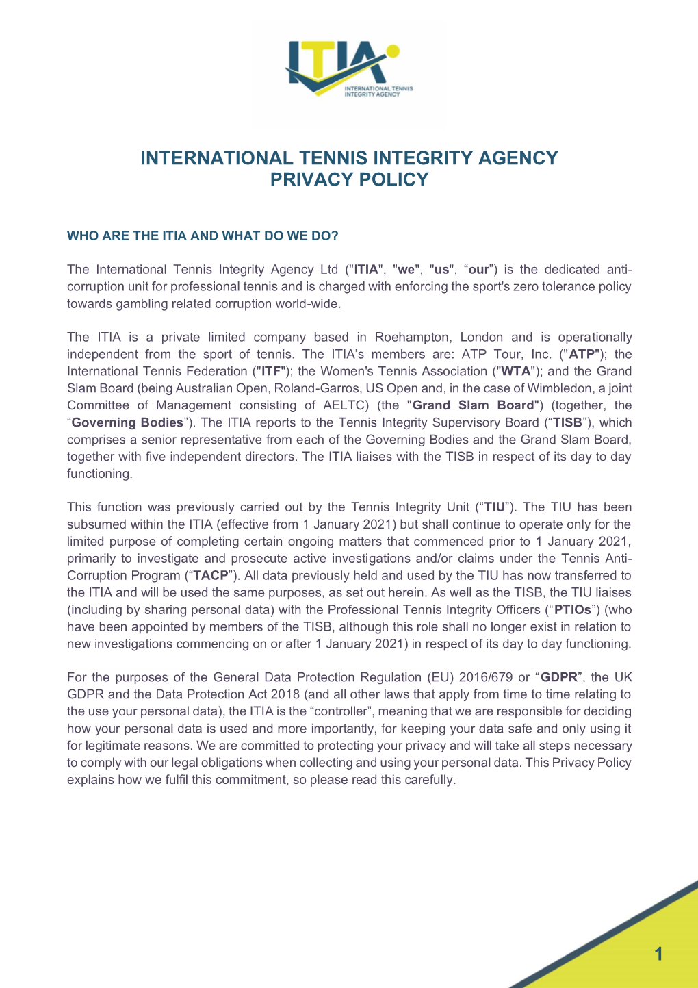 1 International Tennis Integrity Agency Privacy Policy