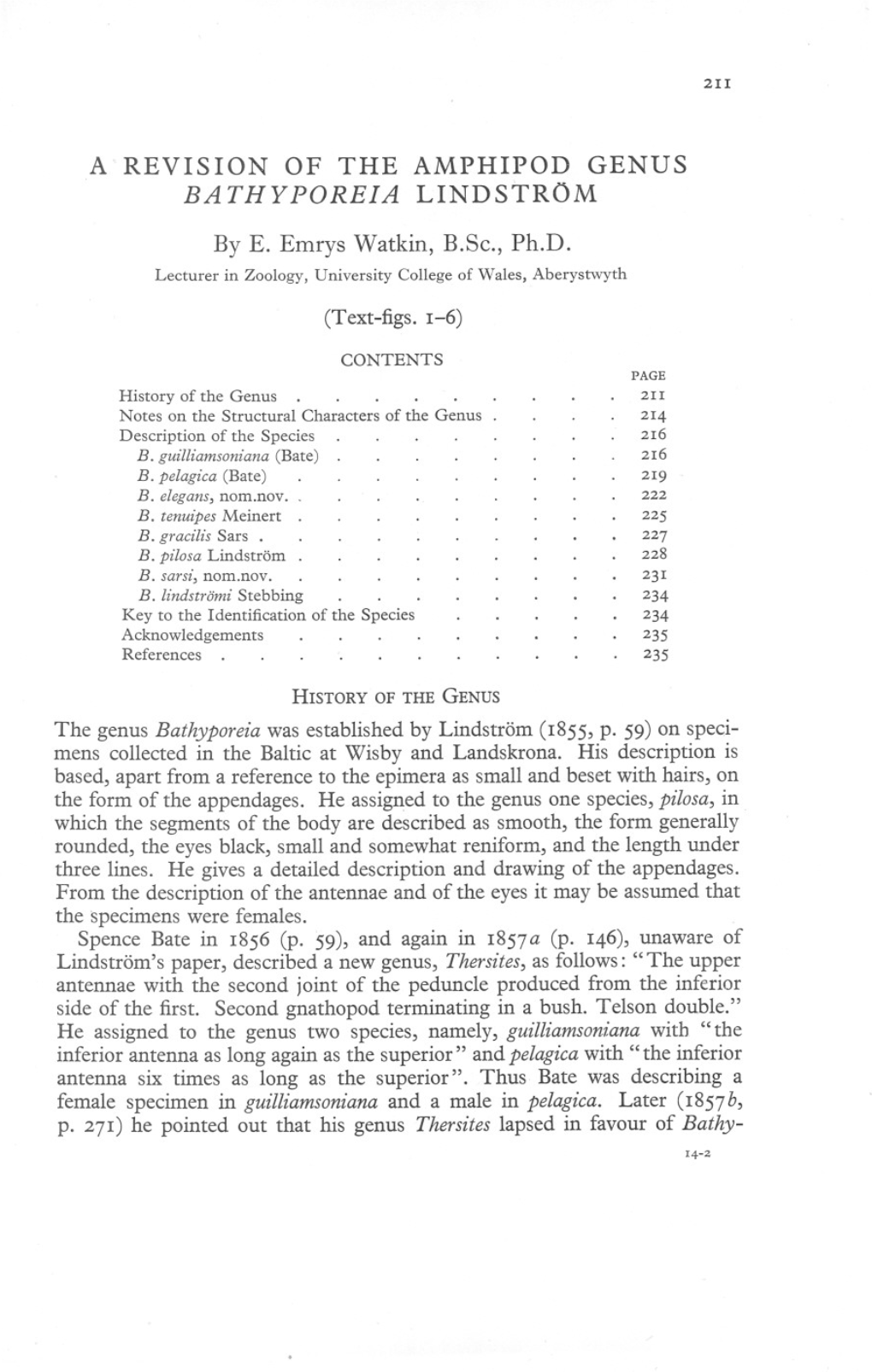 A REVISION of the AMPHIPOD GENUS BATHYPOREIA LINDSTROM by E