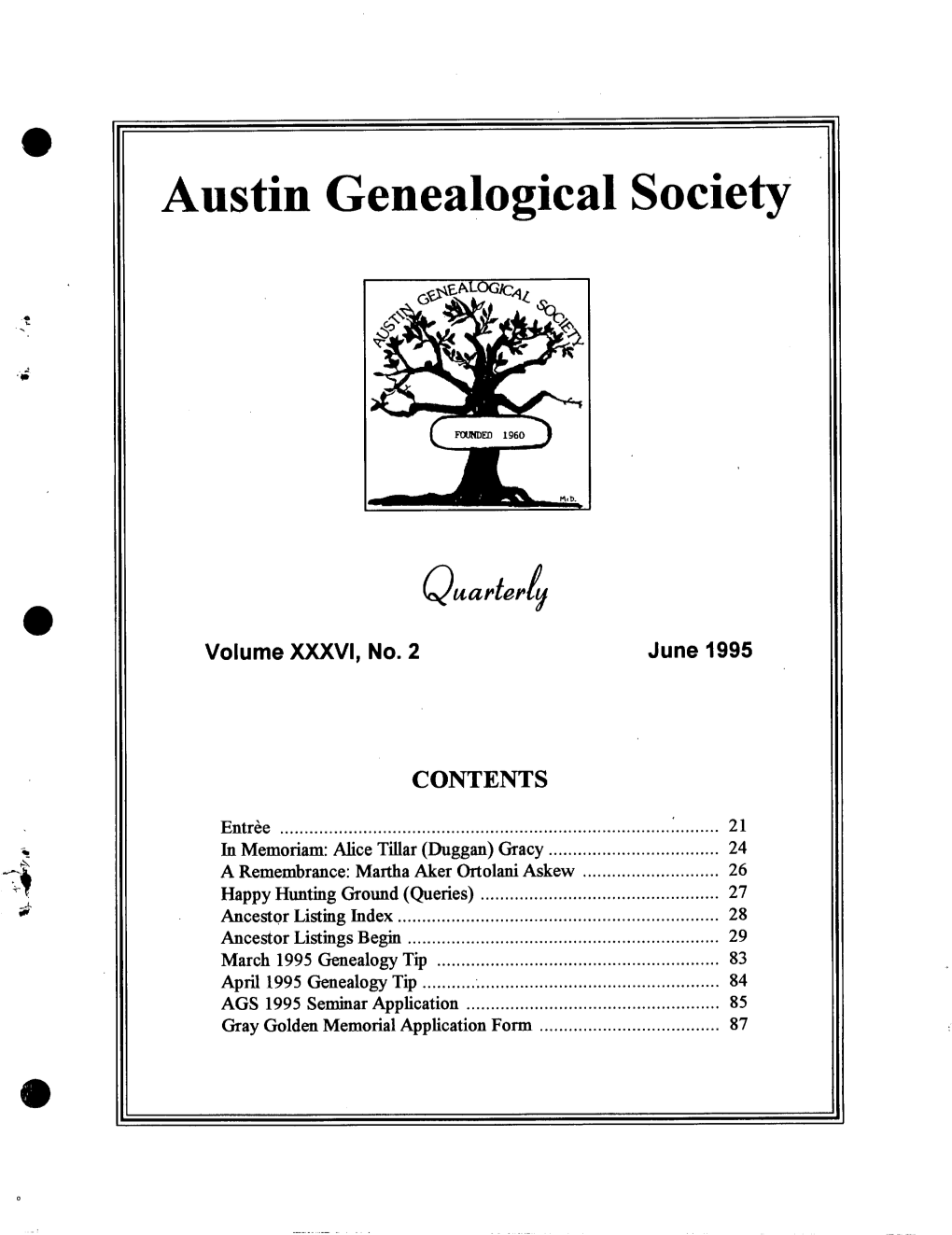 A Austin Genealogical Society Volume XXXVI, No. 2 CONTENTS