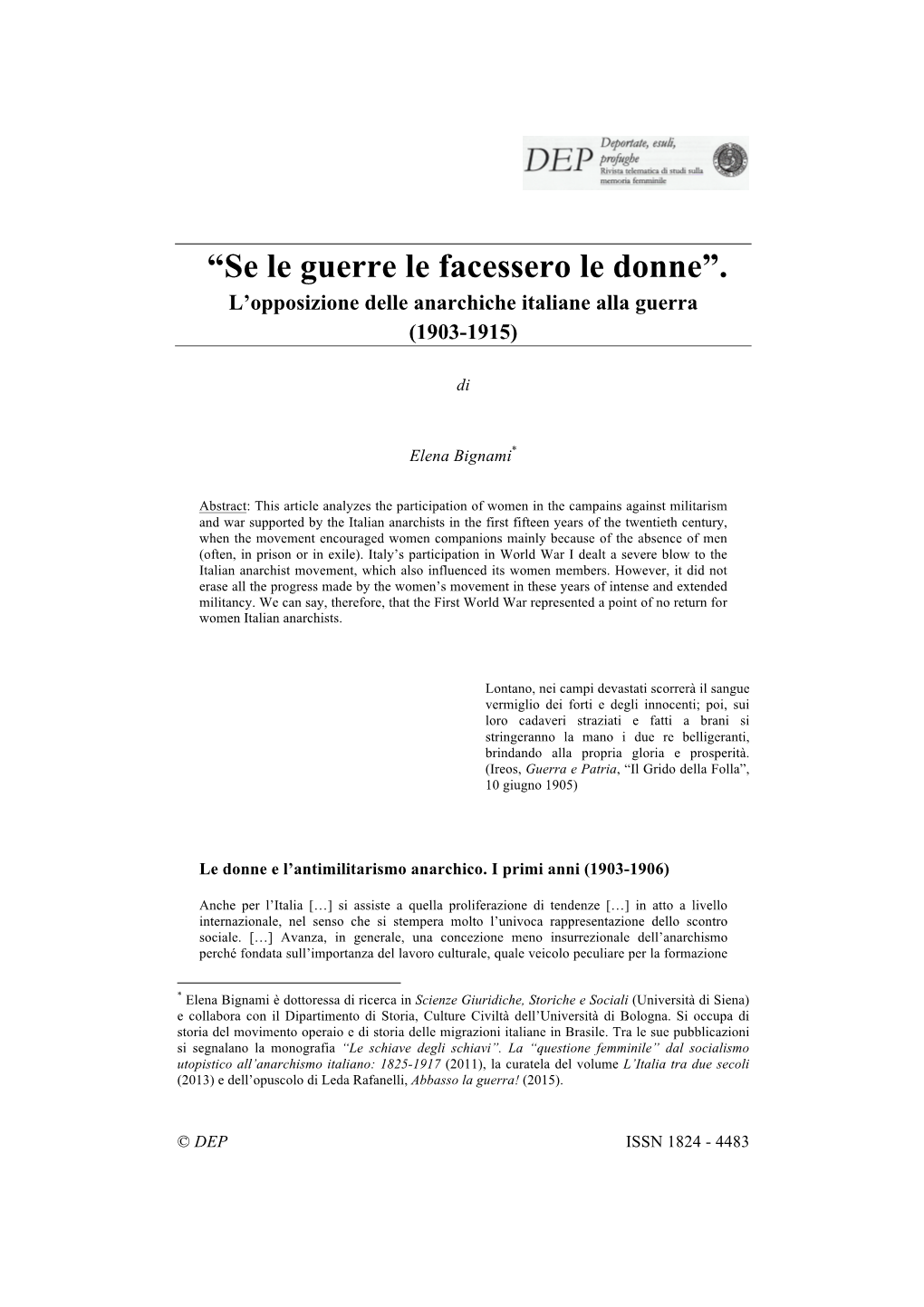 Elena Bignami, “Se Le Guerre Le Facessero Le Donne”