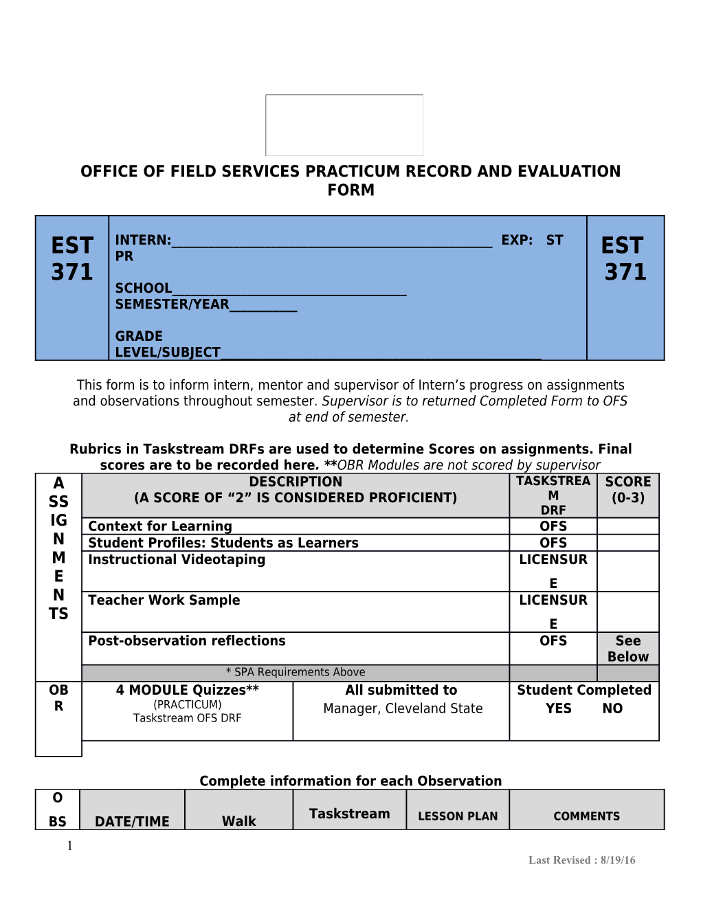 Office of Field Services Practicum Record and Evaluation Form