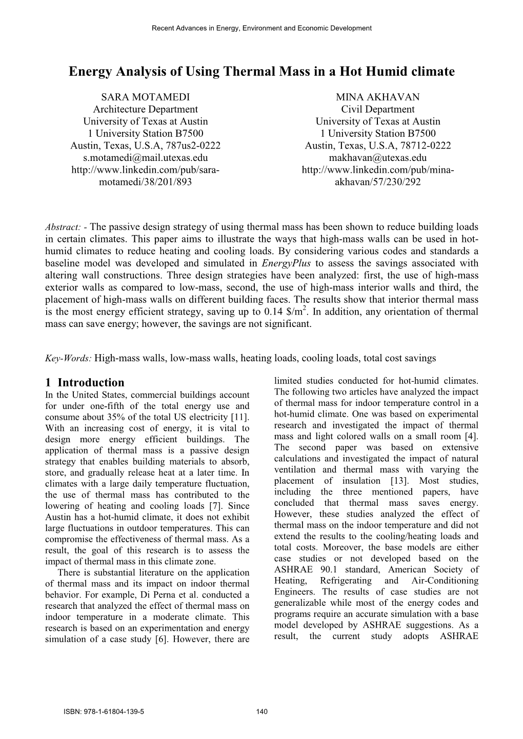 Energy Analysis of Using Thermal Mass in a Hot Humid Climate