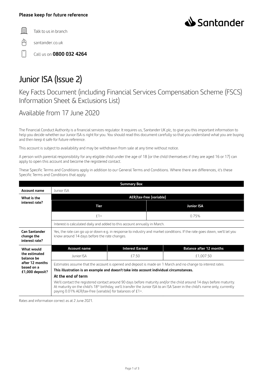 Junior ISA (Issue 2) Key Facts Document (Including Financial Services Compensation Scheme (FSCS) Information Sheet & Exclusions List) Available from 17 June 2020