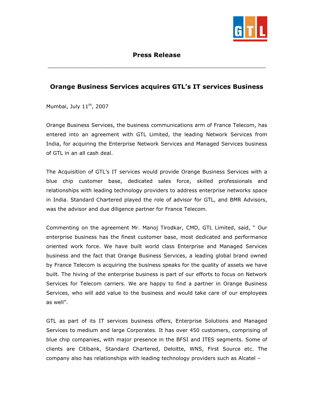 Press Release : Orange Business Services Acquires