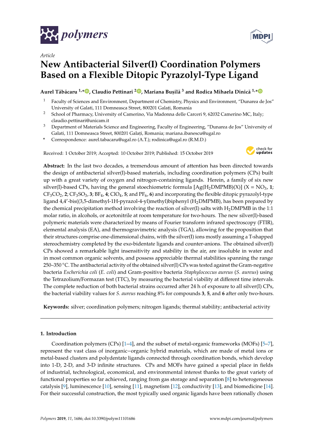 New Antibacterial Silver(I) Coordination Polymers Based on a Flexible Ditopic Pyrazolyl-Type Ligand