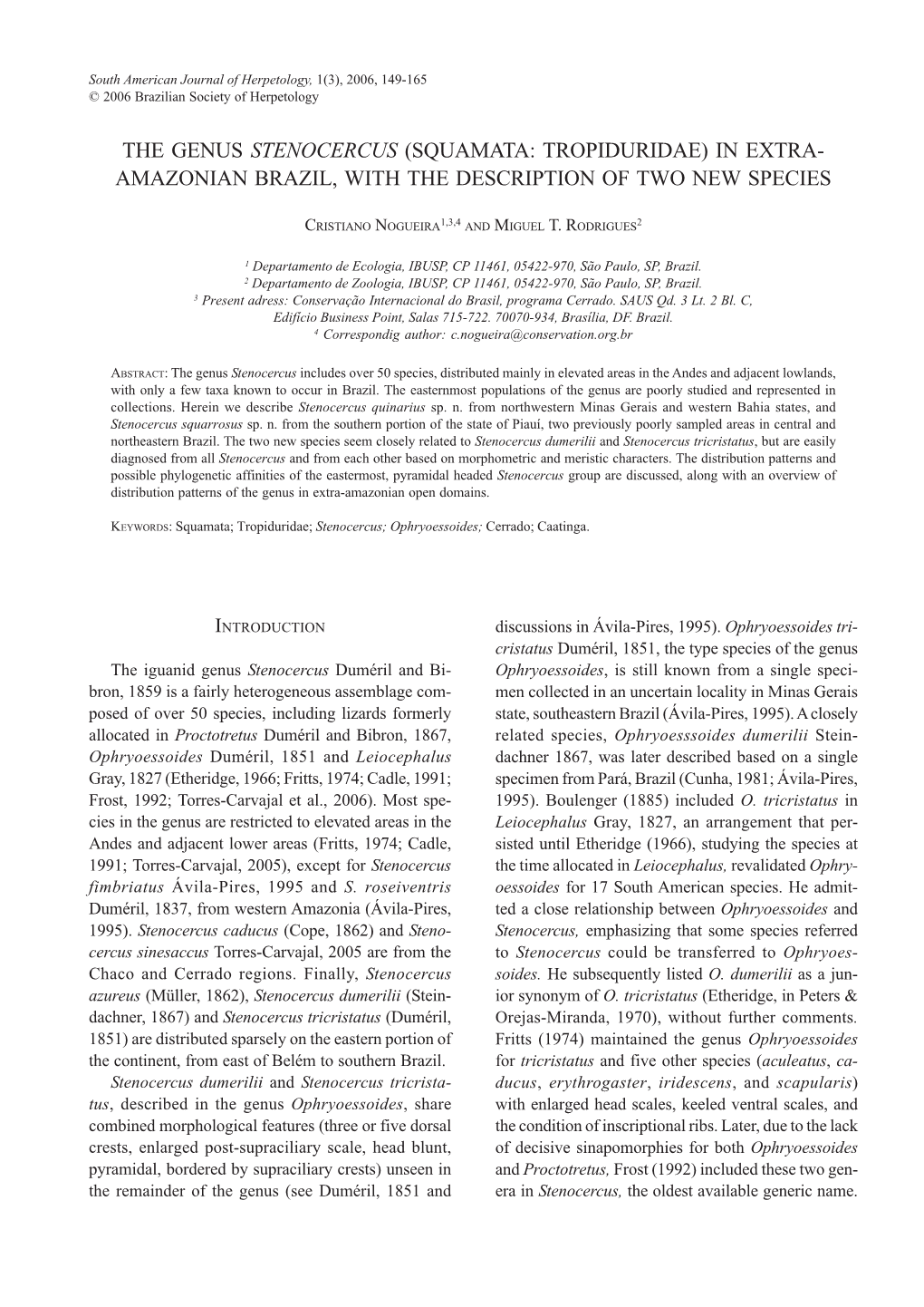 The Genus Stenocercus (Squamata: Tropiduridae) in Extra- Amazonian Brazil, with the Description of Two New Species