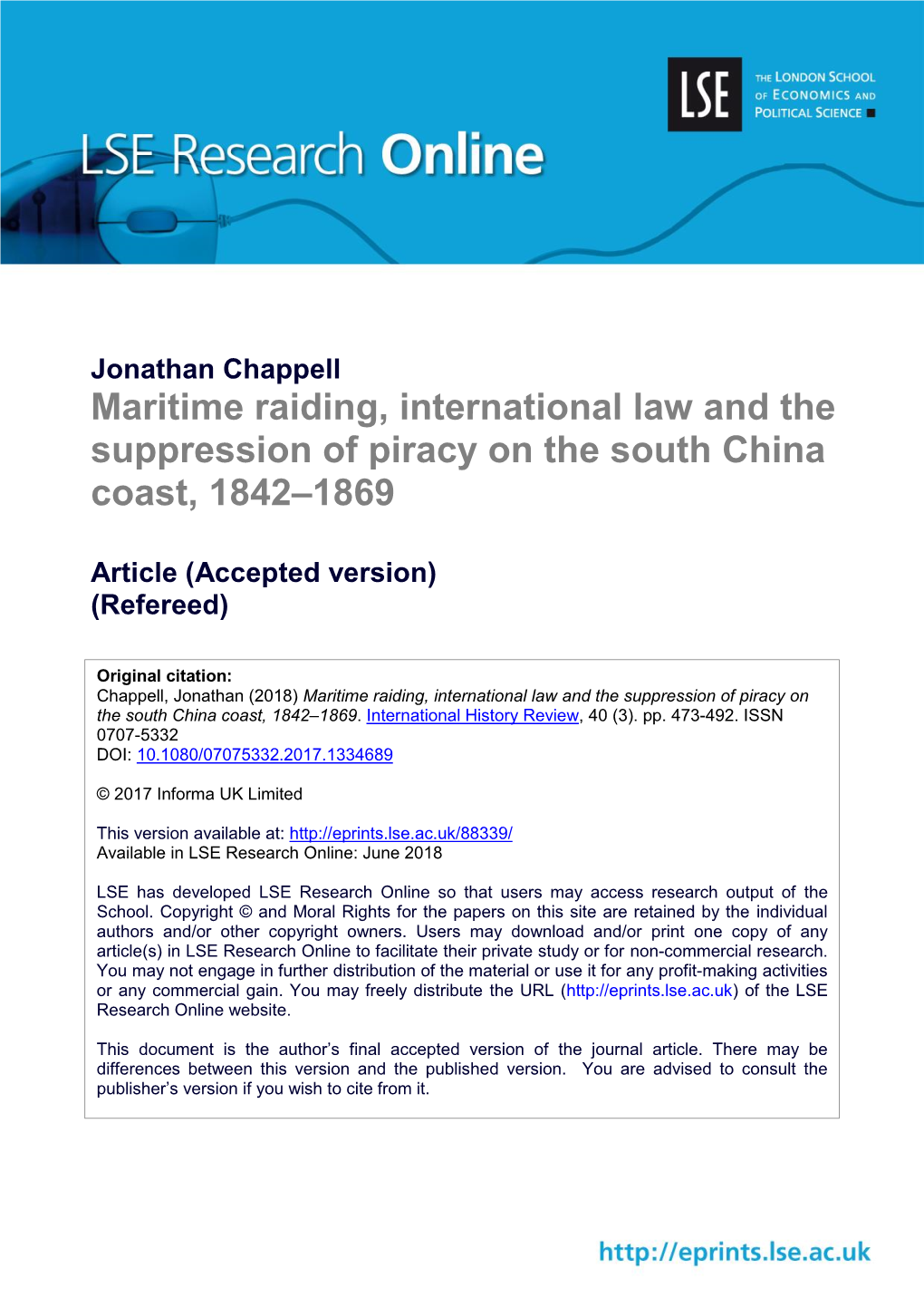 Maritime Raiding, International Law and the Suppression of Piracy on the South China Coast, 1842–1869