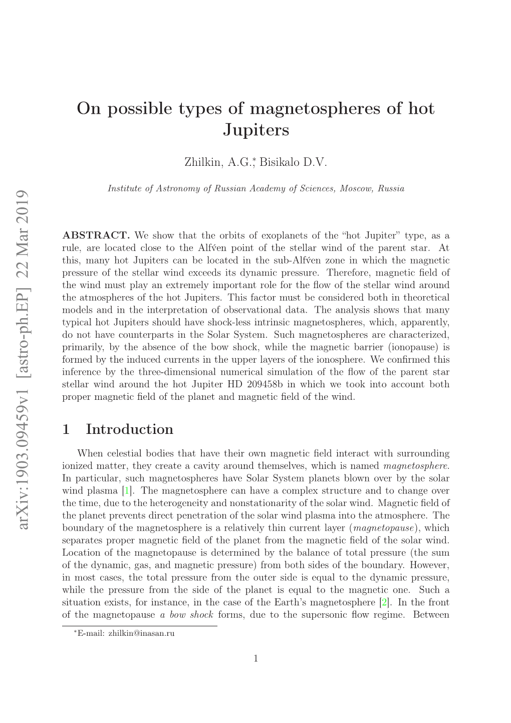 On Possible Types of Magnetospheres of Hot Jupiters