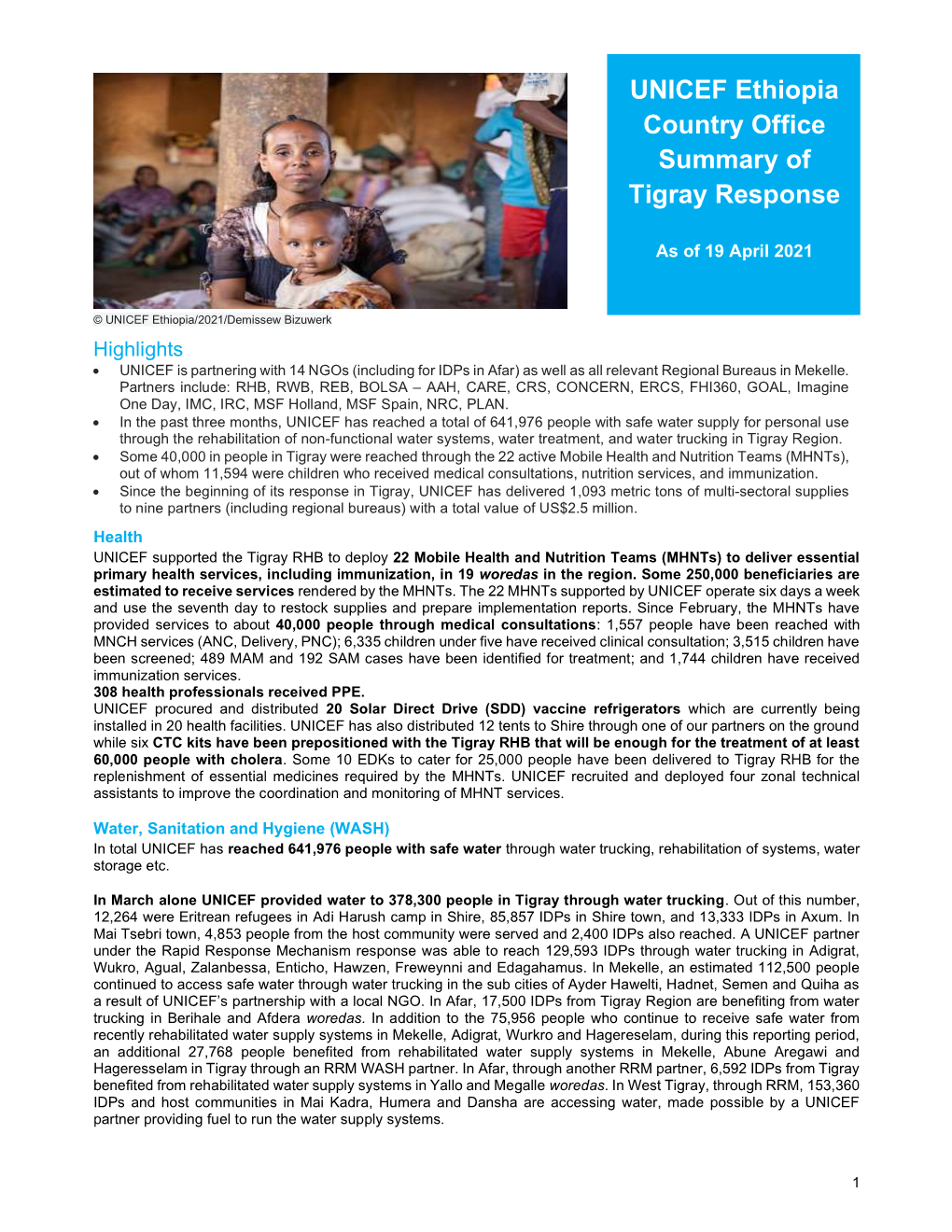 UNICEF Ethiopia Country Office Summary of Tigray Response