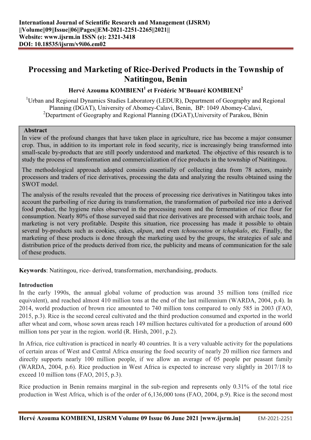 Processing and Marketing of Rice-Derived Products in The