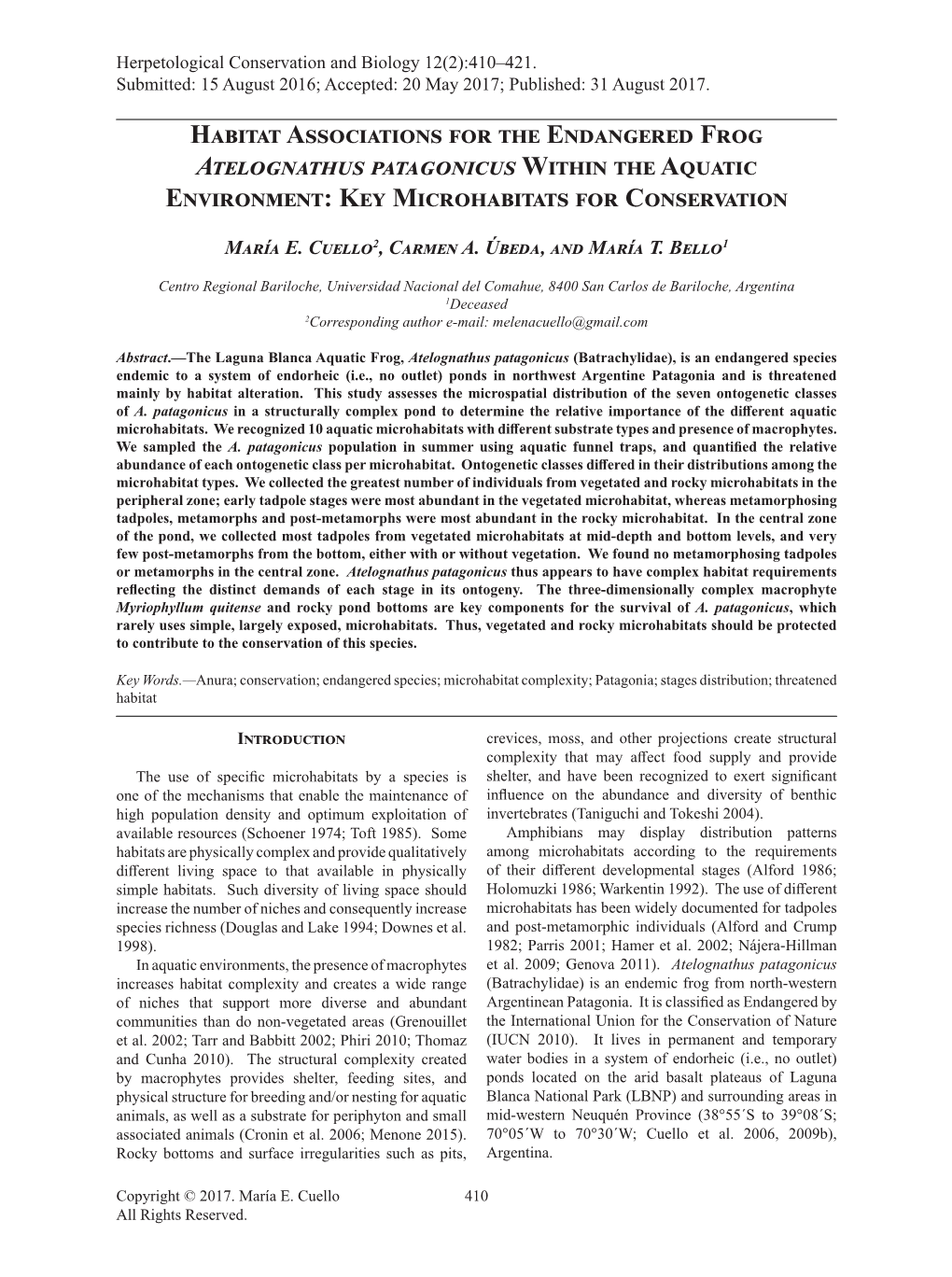 Habitat Associations for the Endangered Frog Atelognathus Patagonicus Within the Aquatic Environment: Key Microhabitats for Conservation