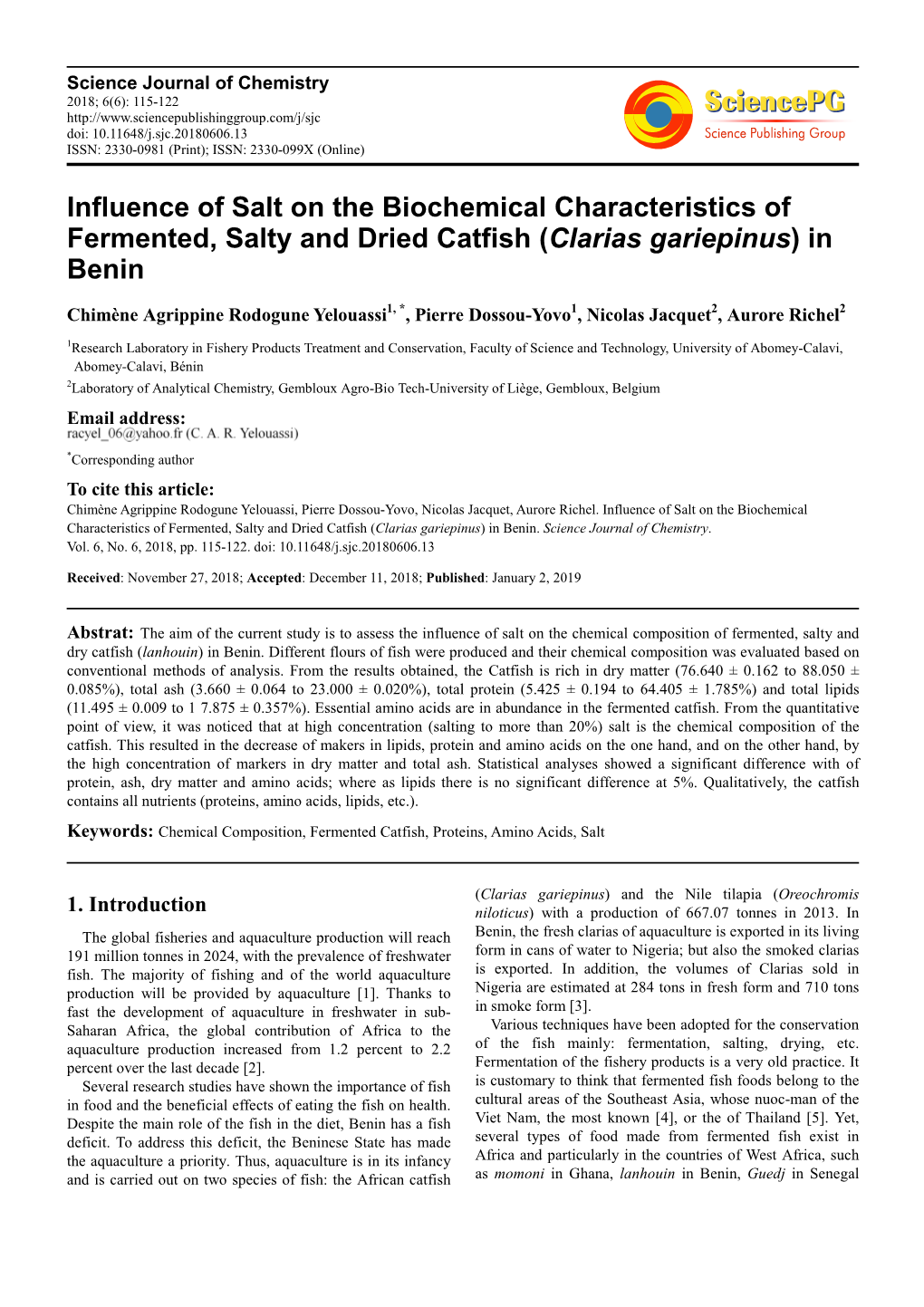 Influence of Salt on the Biochemical Characteristics of Fermented, Salty and Dried Catfish (Clarias Gariepinus ) in Benin