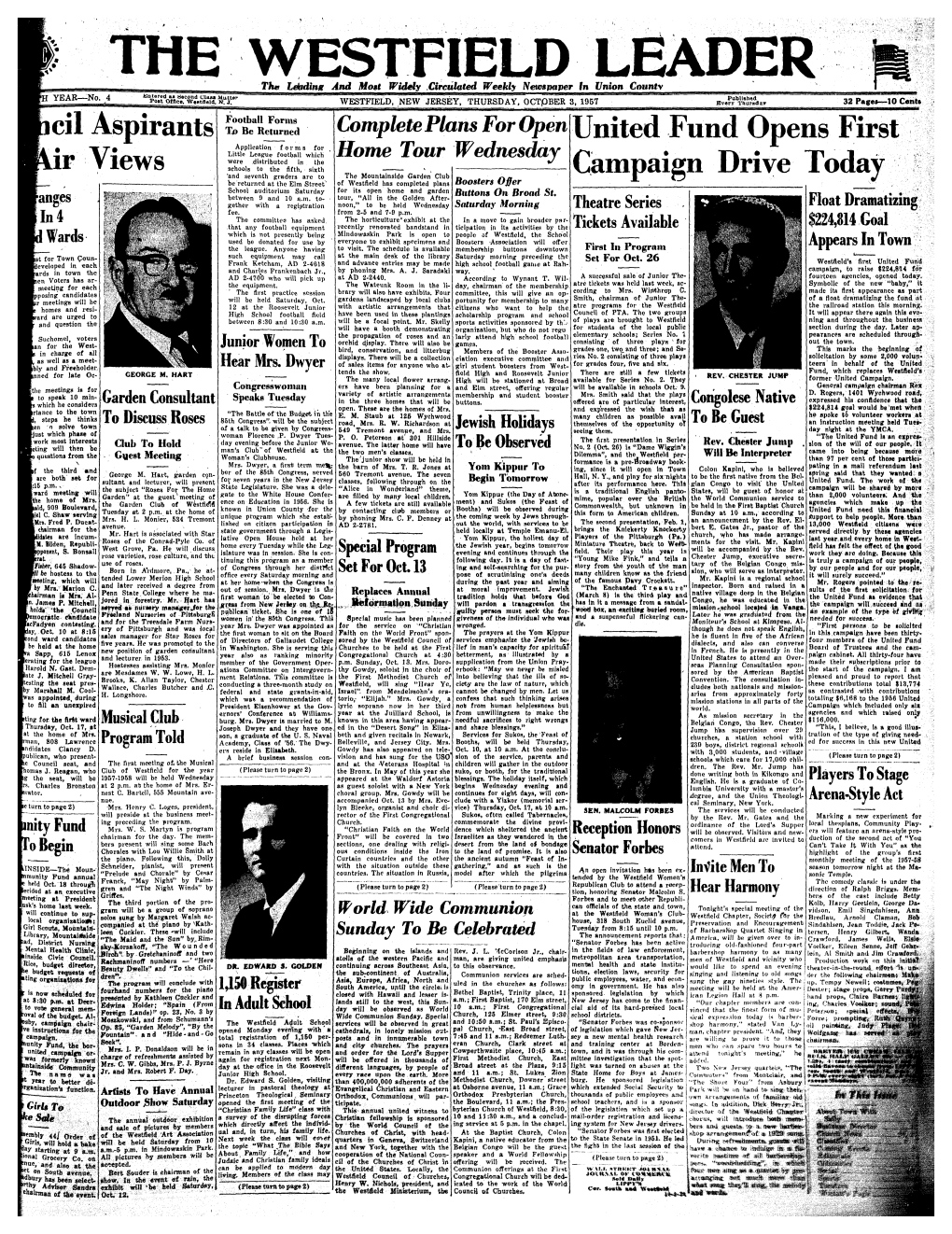 THE WESTFIELD LEADER the Leading and Moat Widely Circulated Weekly Newspaper in Union County Kntered A» Second (Jlas* Mutter Published YEAR—No