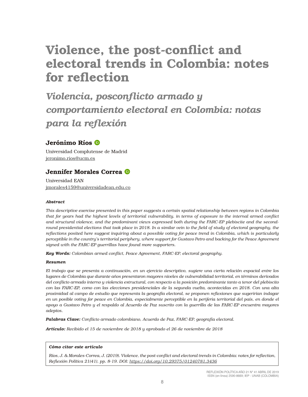 Violence, the Post-Conflict and Electoral Trends in Colombia