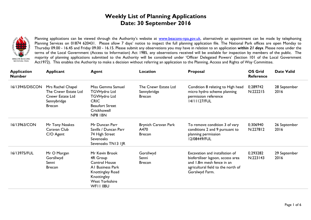 Weekly List of Planning Applications Date: 30 September 2016