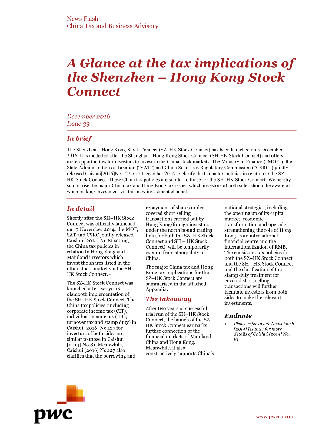 A Glance at the Tax Implications of the Shenzhen – Hong Kong Stock Connect