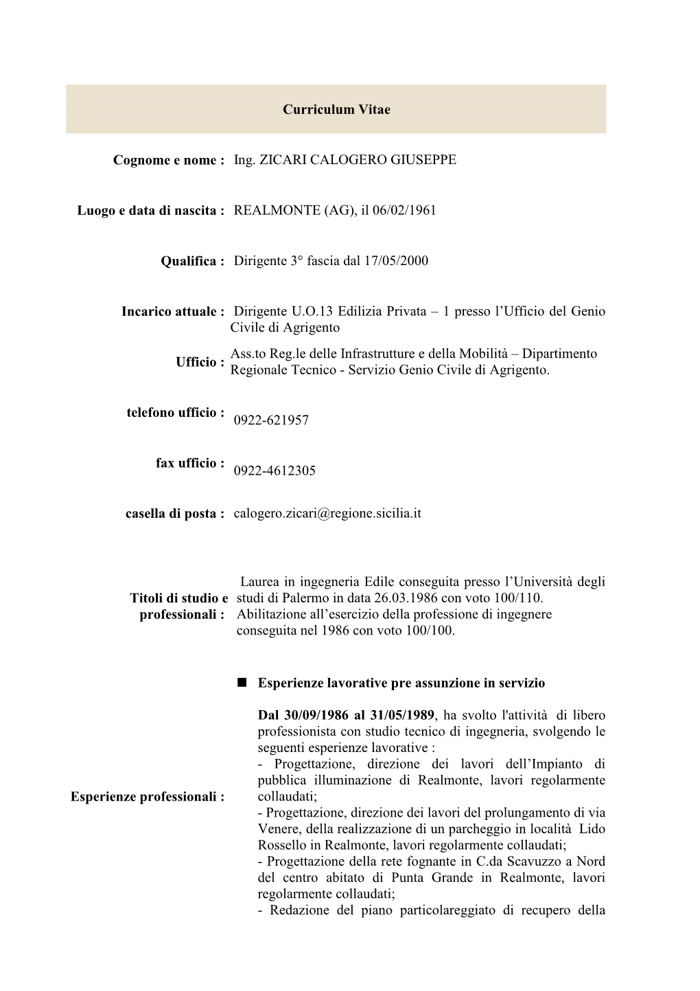 Curriculum Vitae ZICARI CALOGERO GIUSEPPE 30042015
