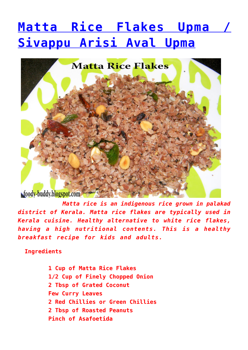 Matta Rice Flakes Upma / Sivappu Arisi Aval Upma