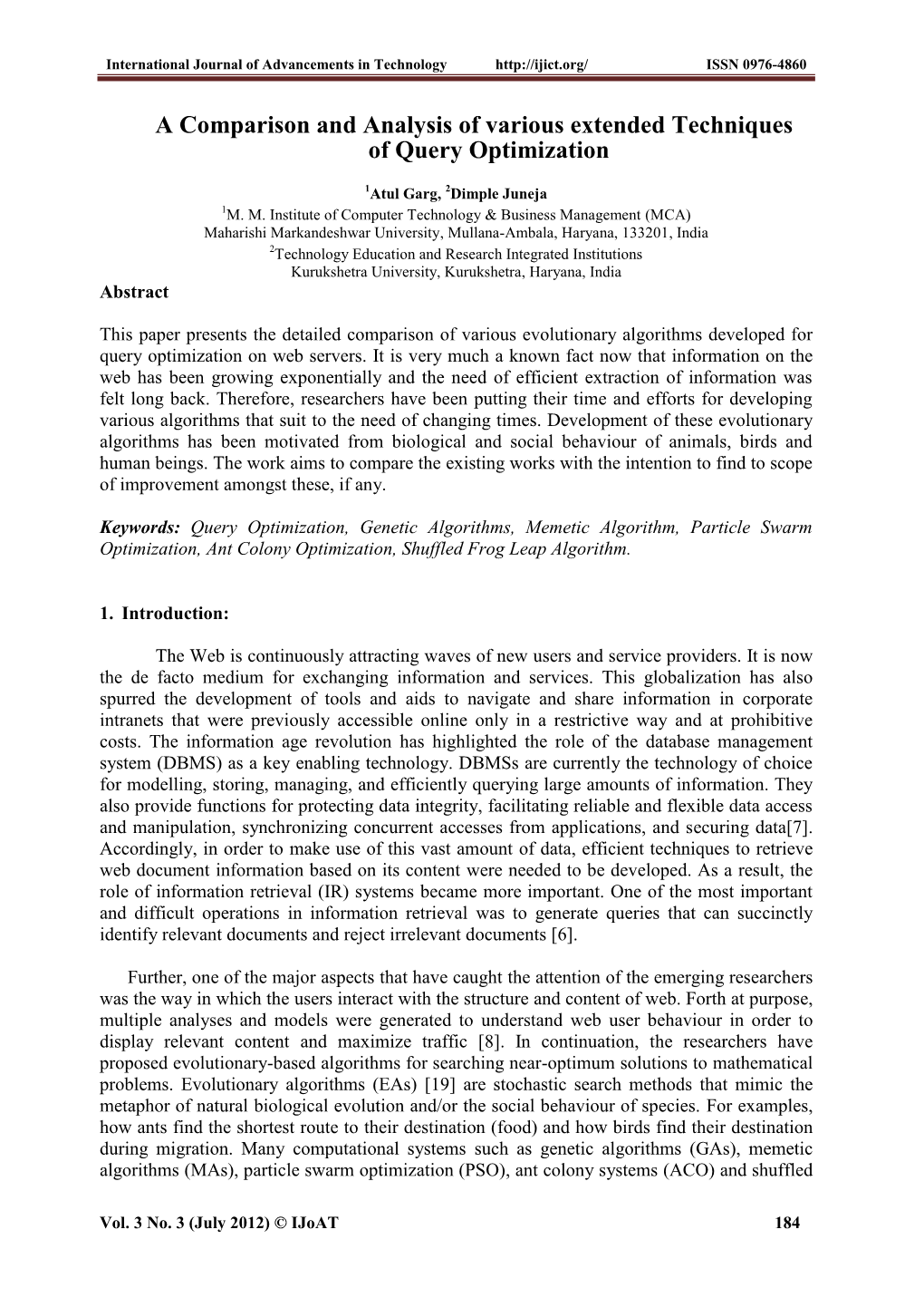 A Comparison and Analysis of Various Extended Techniques of Query Optimization