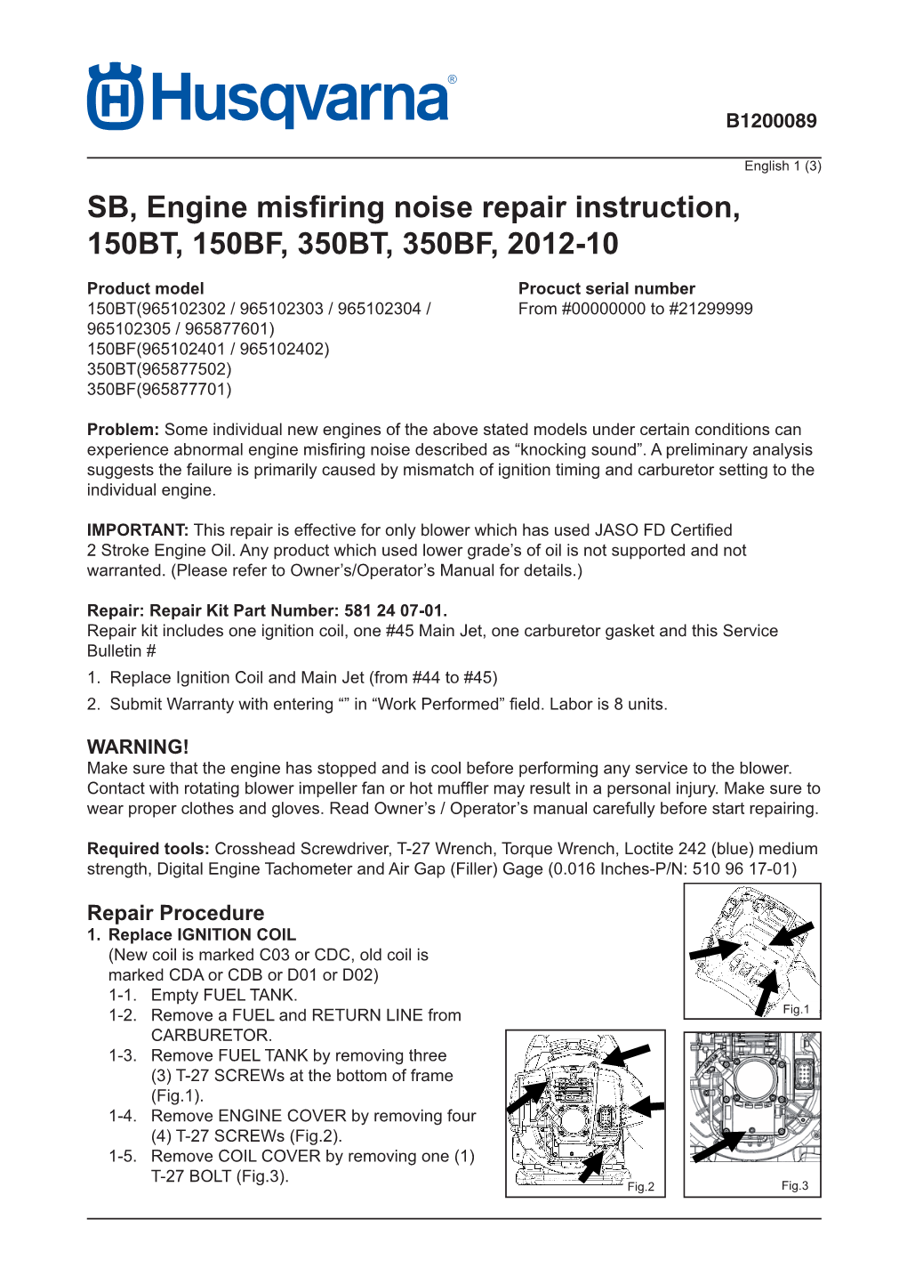 SB, Engine Misfi Ring Noise Repair Instruction, 150BT, 150BF, 350BT