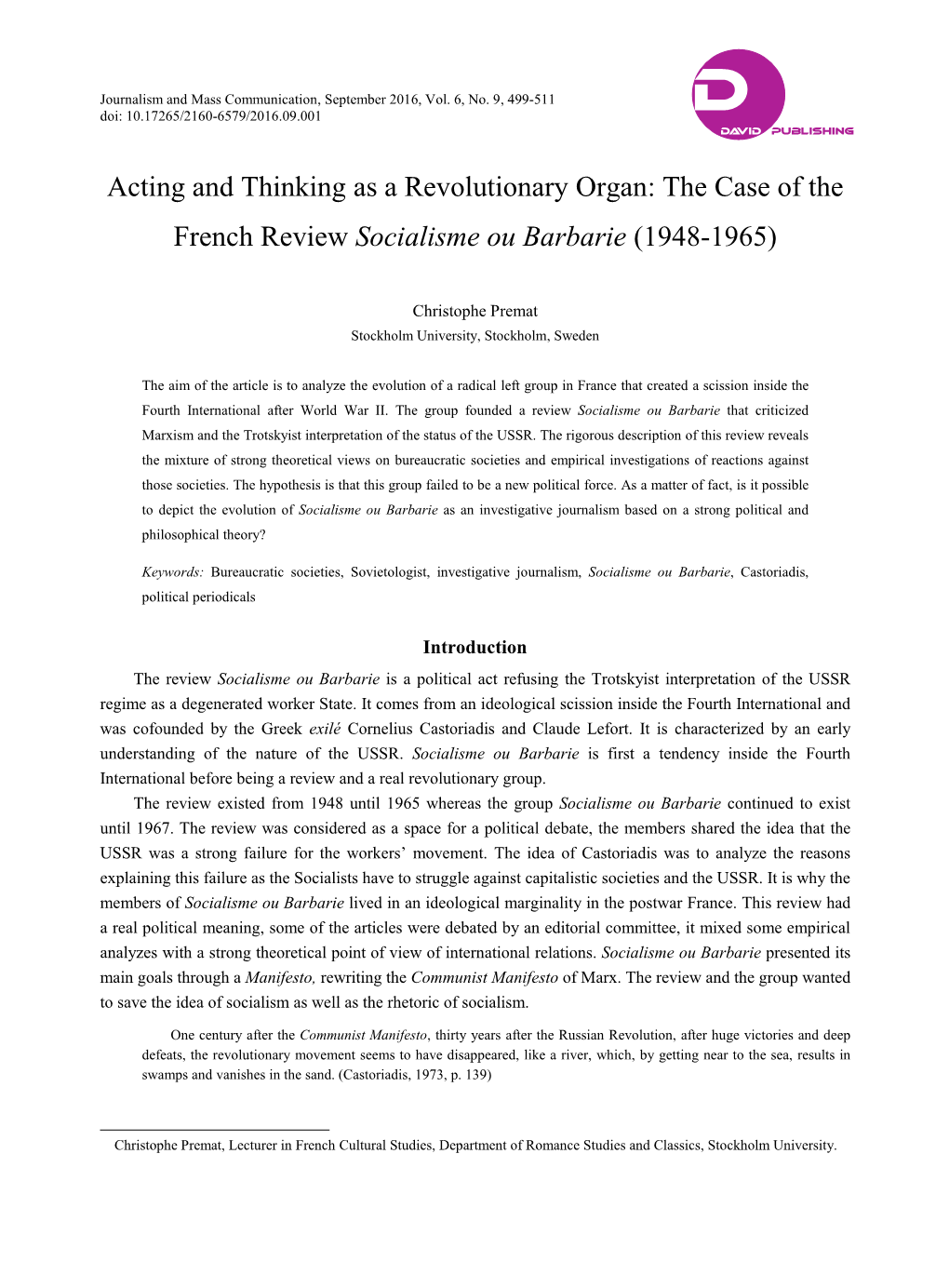 The Case of the French Review Socialisme Ou Barbarie (1948-1965)