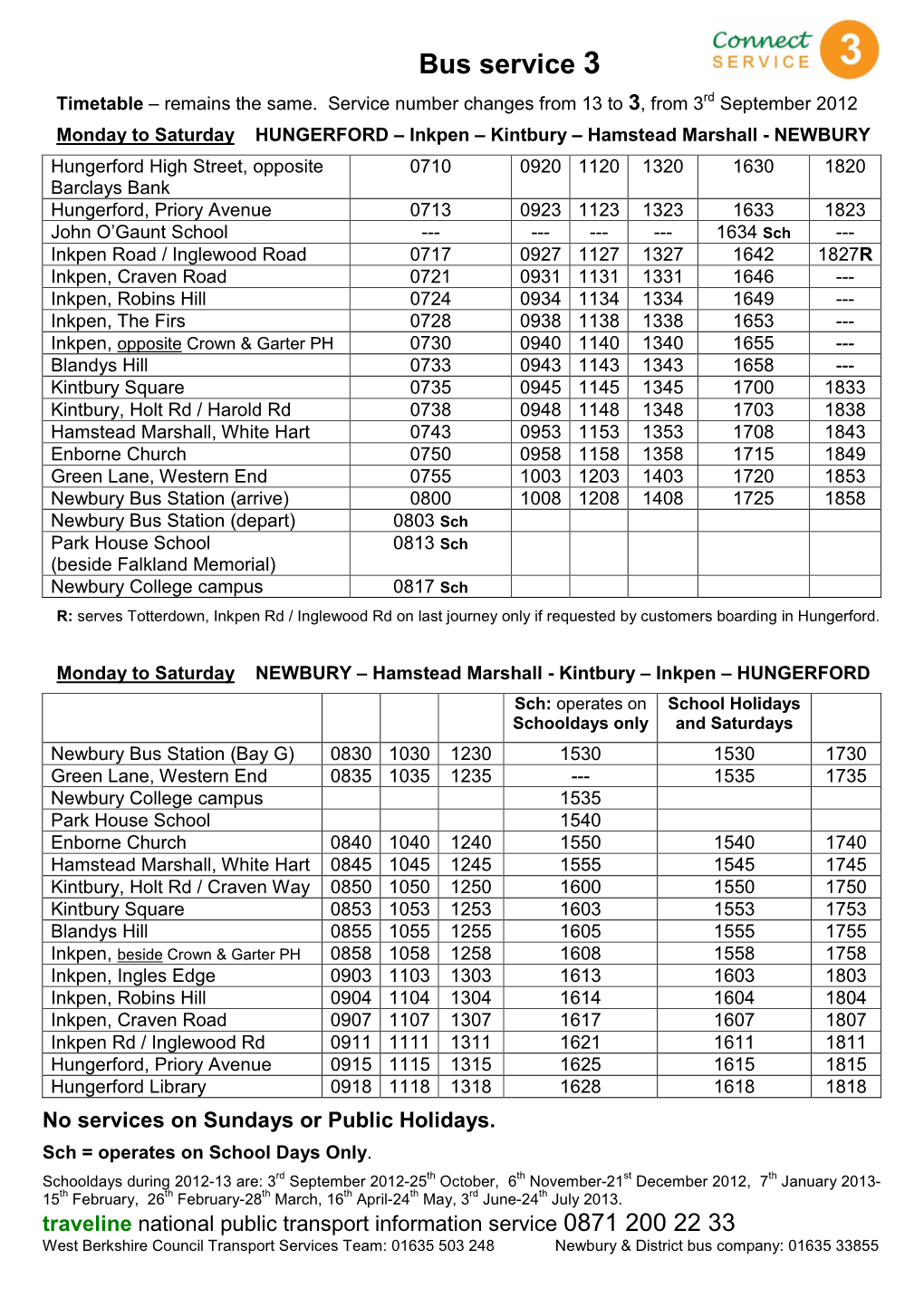Bus Timetable for Inkpen Villagers