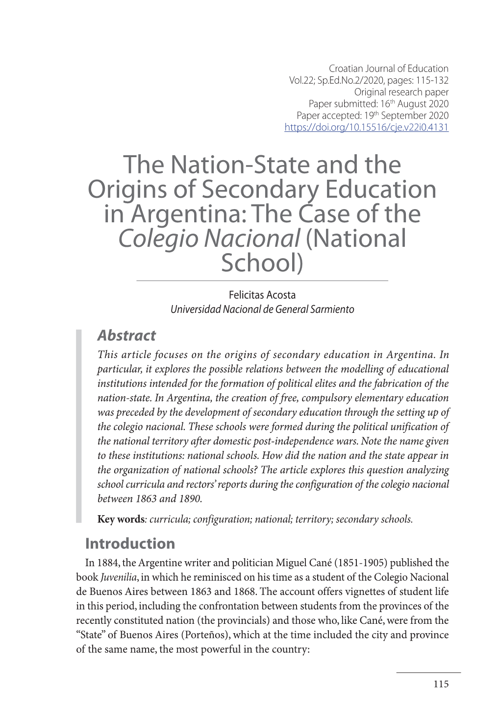 The Nation-State and the Origins of Secondary Education in Argentina