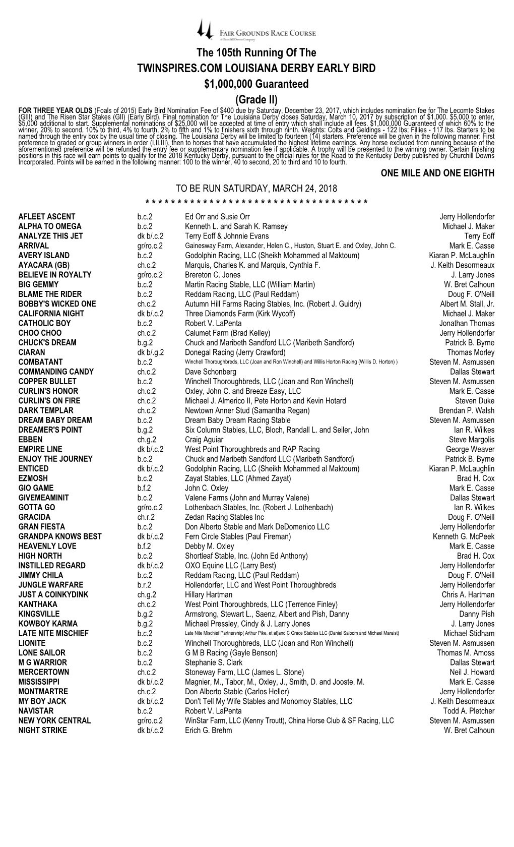 The 105Th Running of the TWINSPIRES.COM LOUISIANA