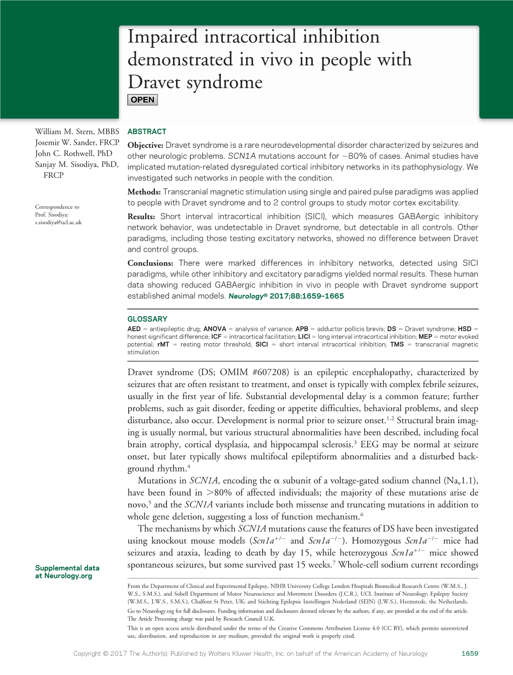 Impaired Intracortical Inhibition Demonstrated in Vivo in People with Dravet Syndrome