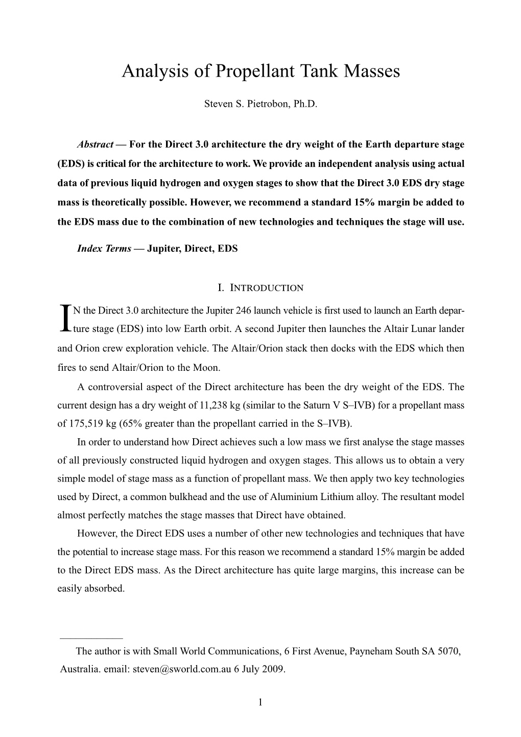 Analysis of Propellant Tank Masses