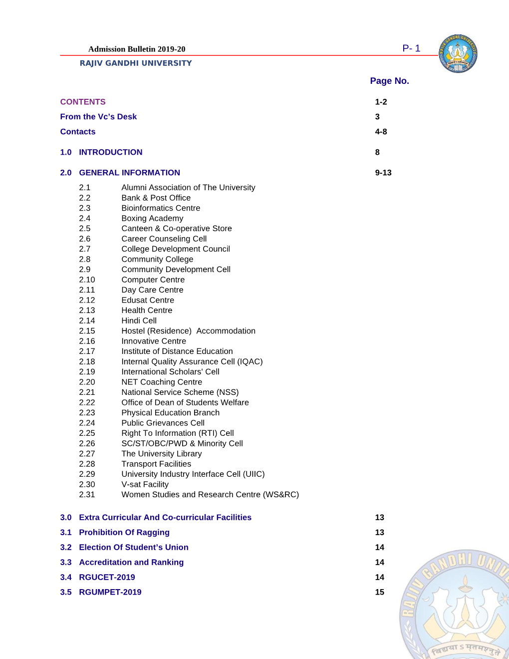 Admission Bulletin 2019-20 P- 1 RAJIV GANDHI UNIVERSITY Page No