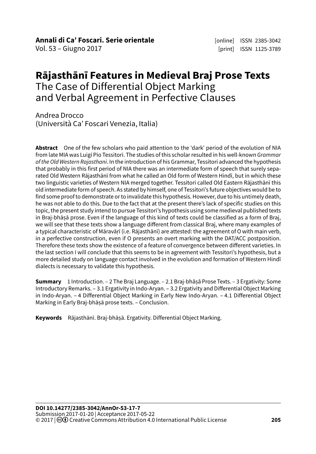 Rājasthānī Features in Medieval Braj Prose Texts the Case of Differential Object Marking and Verbal Agreement in Perfective Clauses