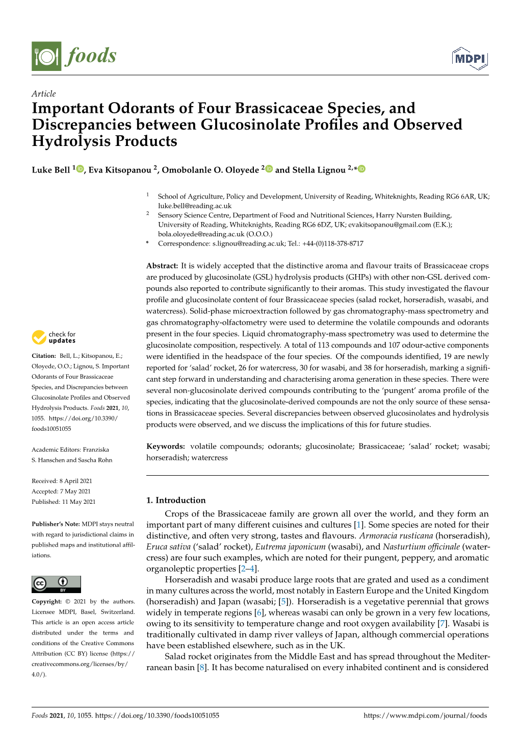 Important Odorants of Four Brassicaceae Species, and Discrepancies Between Glucosinolate Proﬁles and Observed Hydrolysis Products