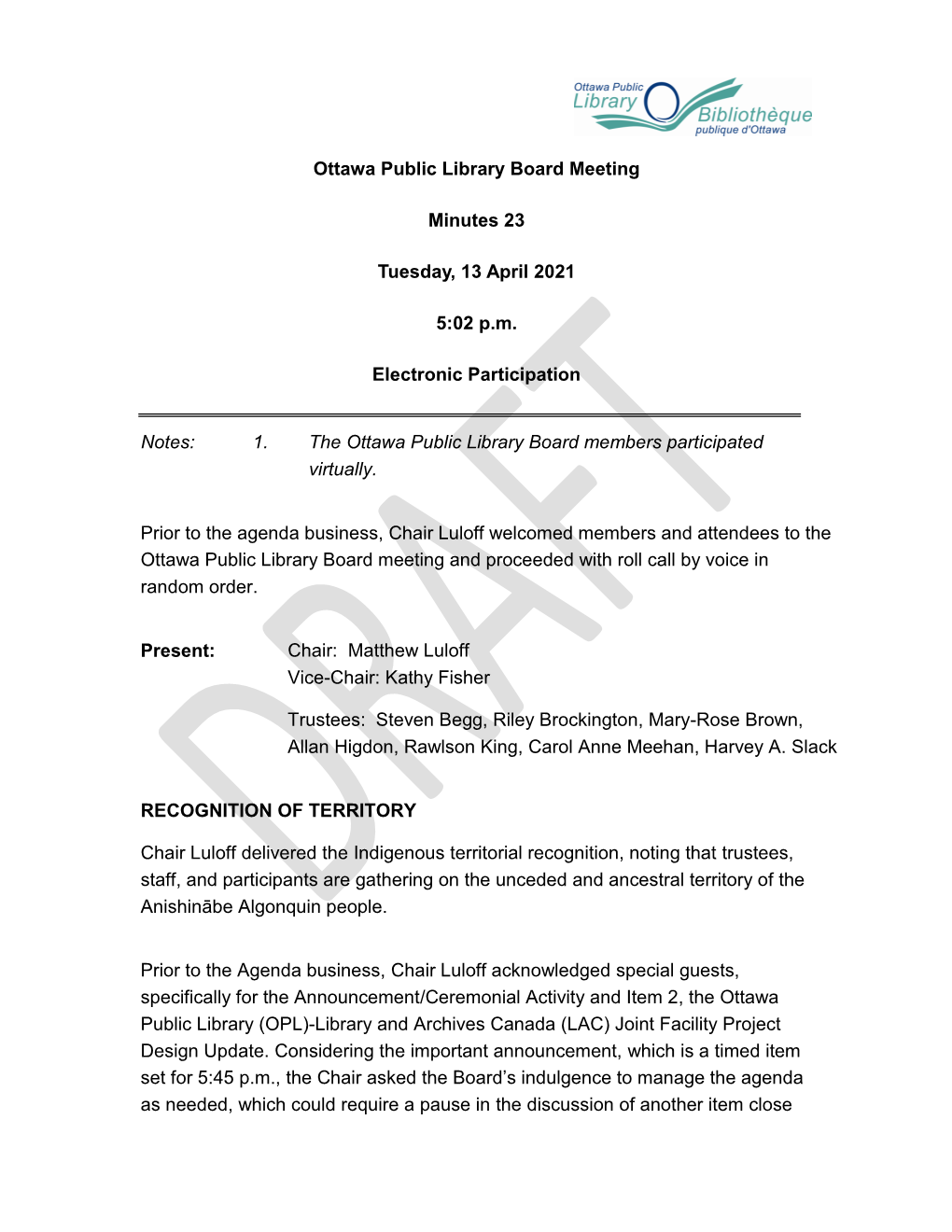 Ottawa Public Library Board Meeting Minutes 23 Tuesday, 13