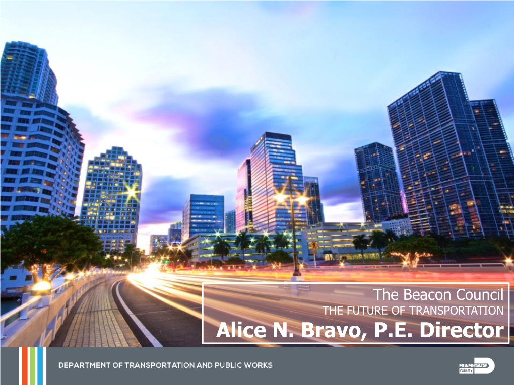 Alice N. Bravo, P.E. Director Over 300 Square Miles 2.7Million Residents 34 Municipalities One County Miami-Dade County