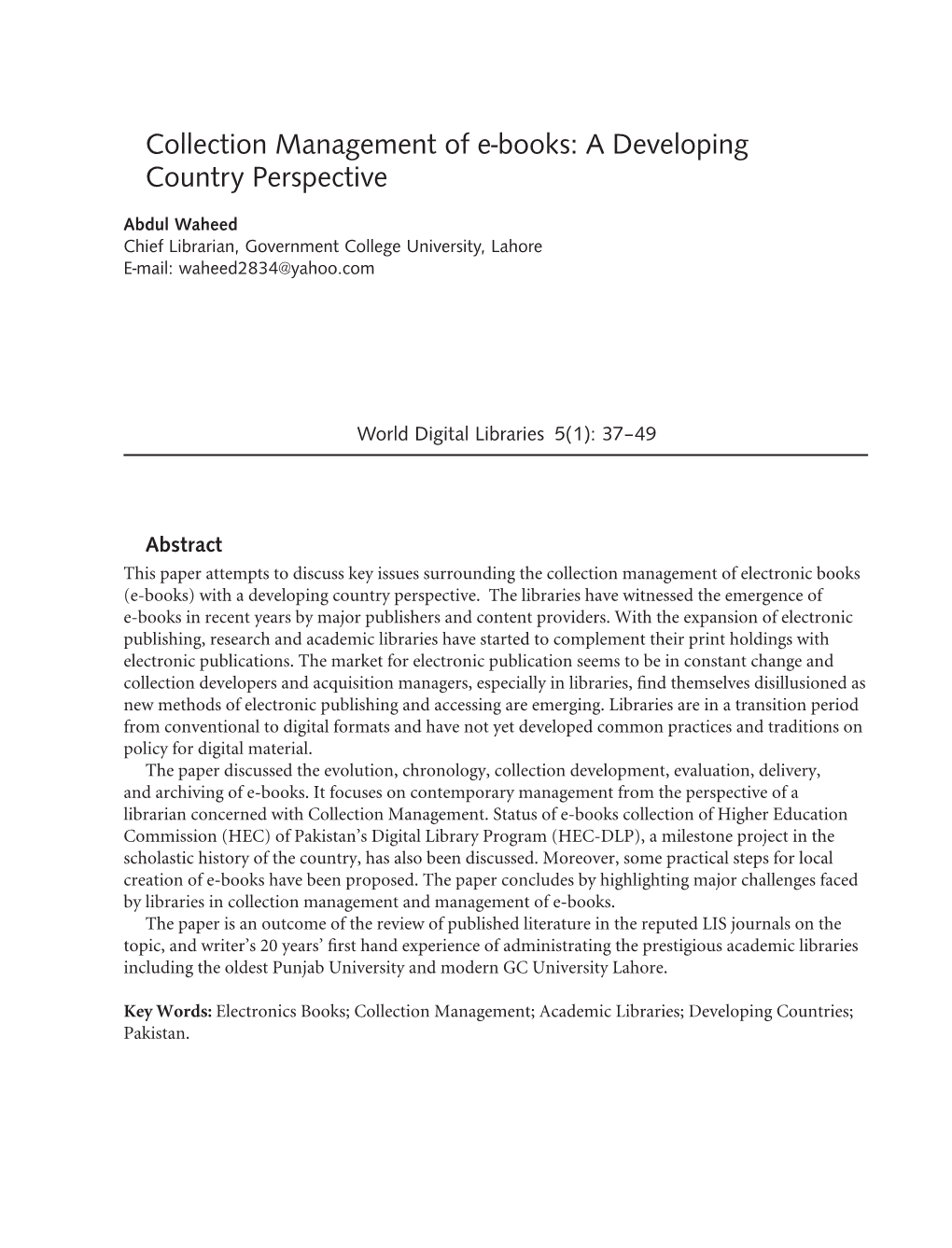 Collection Management of E-Books: a Developing Country Perspective
