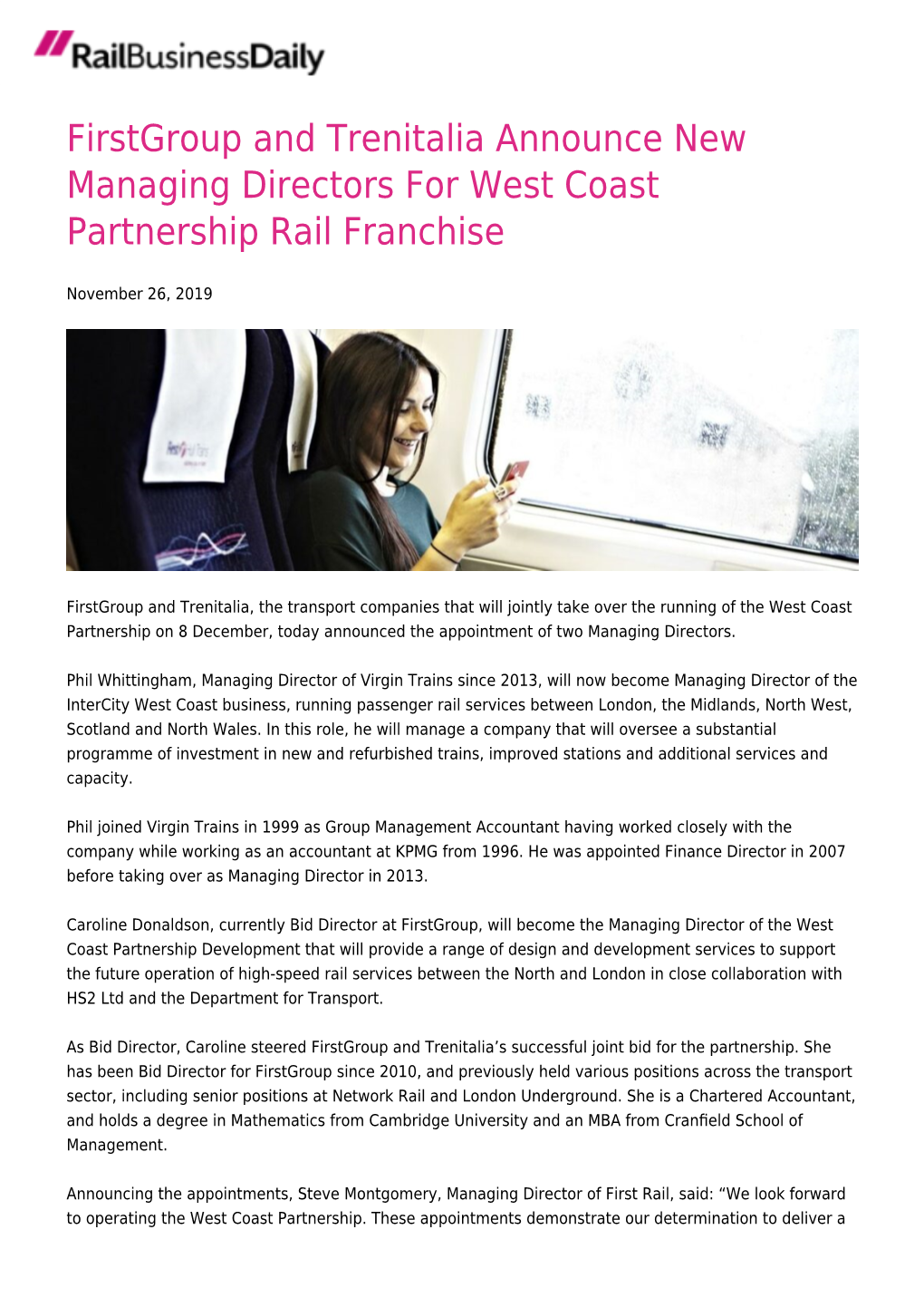 Firstgroup and Trenitalia Announce New Managing Directors for West Coast Partnership Rail Franchise