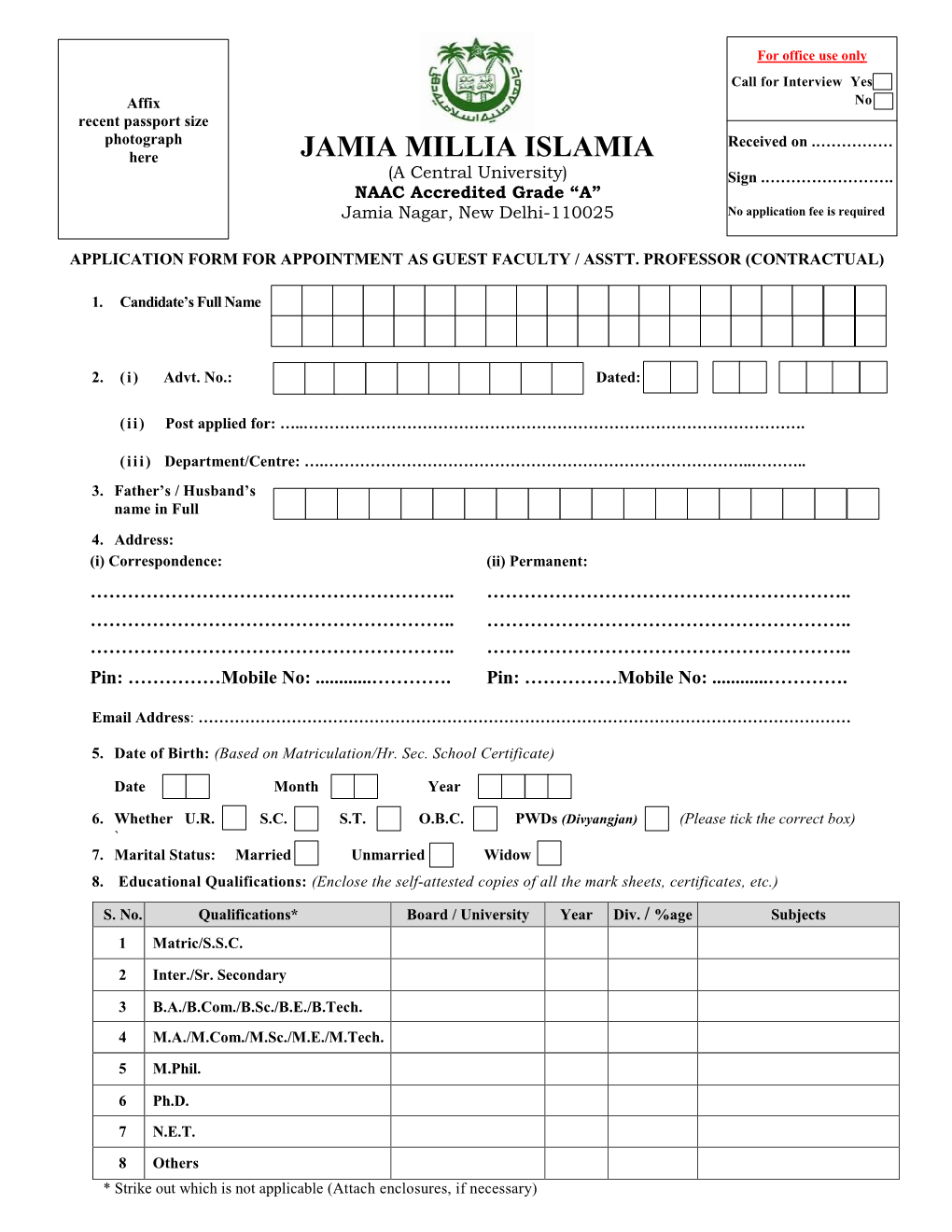 Application Form for Appointment As Guest Faculty / Asstt