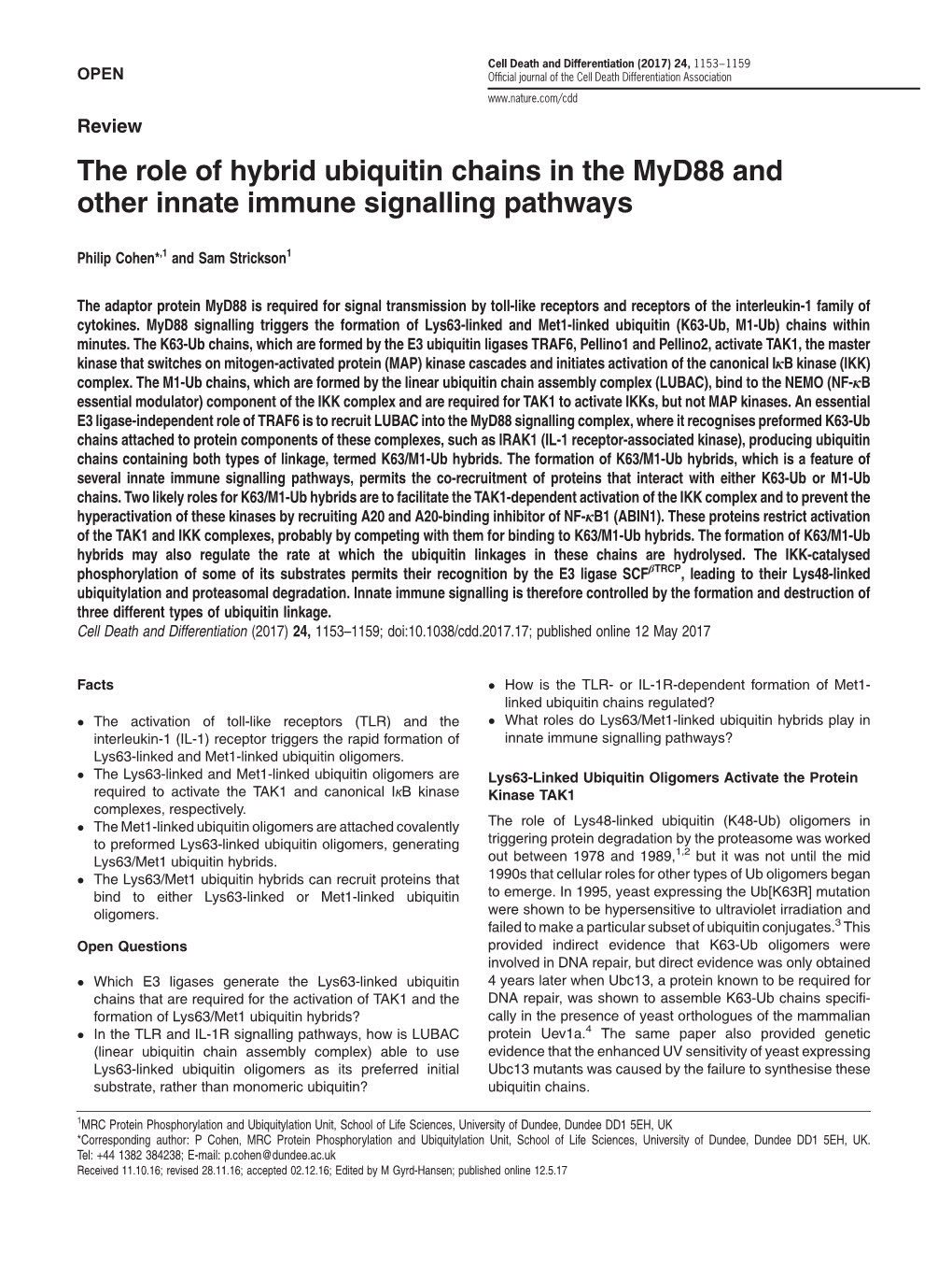 The Role of Hybrid Ubiquitin Chains in the Myd88 and Other Innate Immune Signalling Pathways