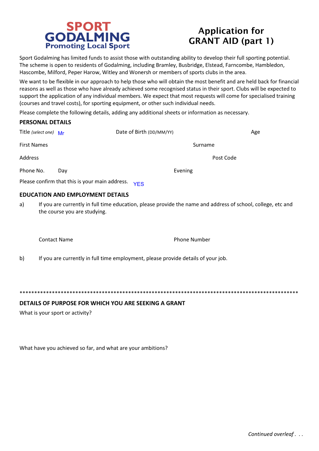 Sport Godalming Grant Aid Form