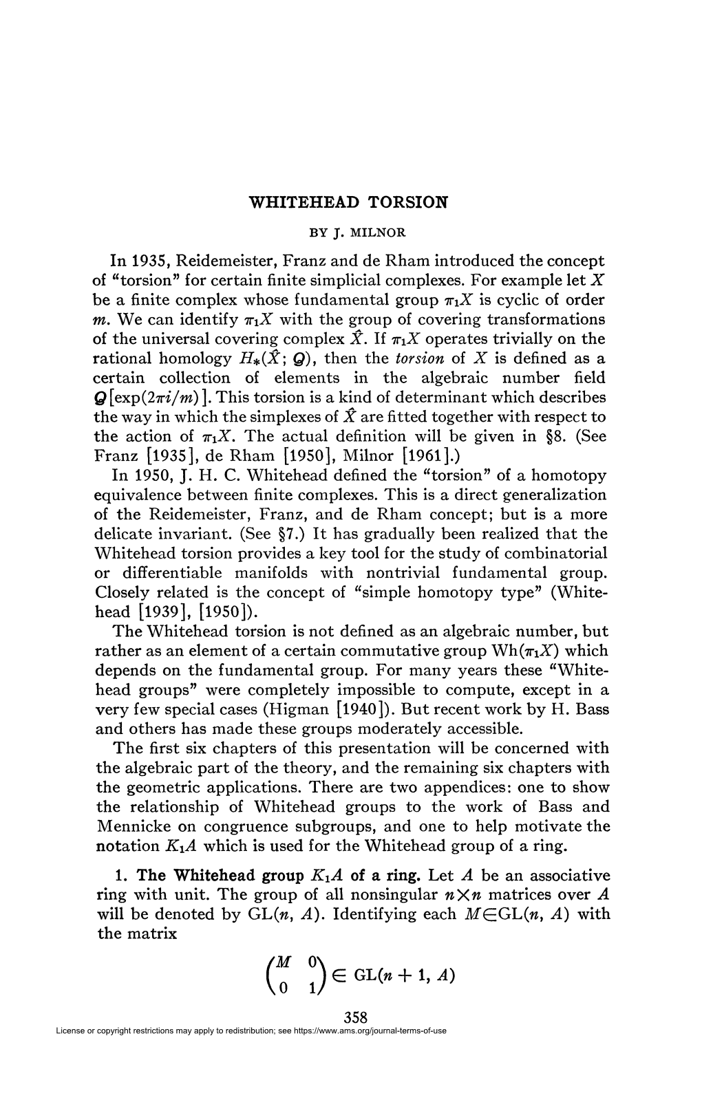 WHITEHEAD TORSION in 1935, Reidemeister, Franz and De Rham