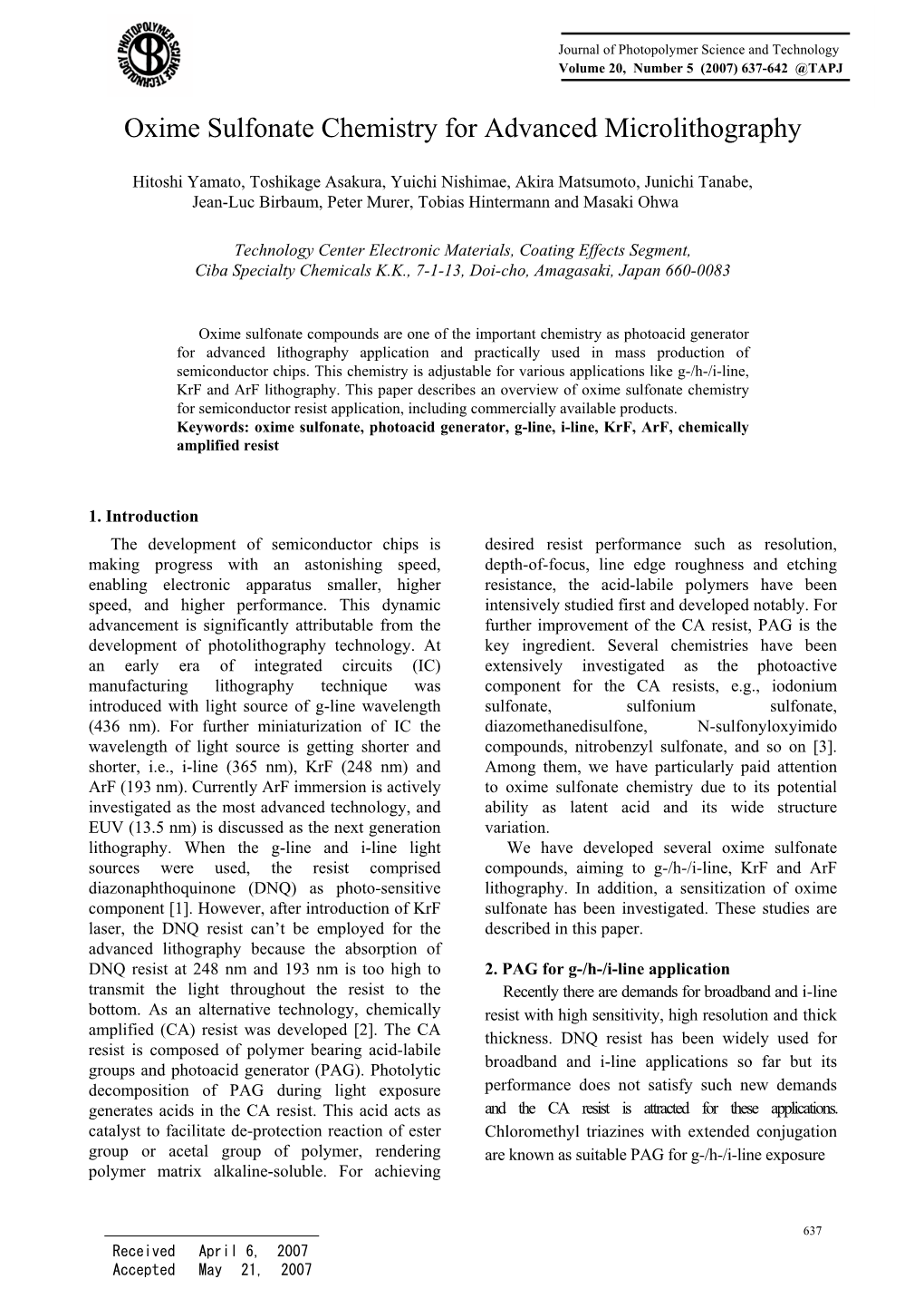 Oxime Sulfonate Chemistry for Advanced Microlithography