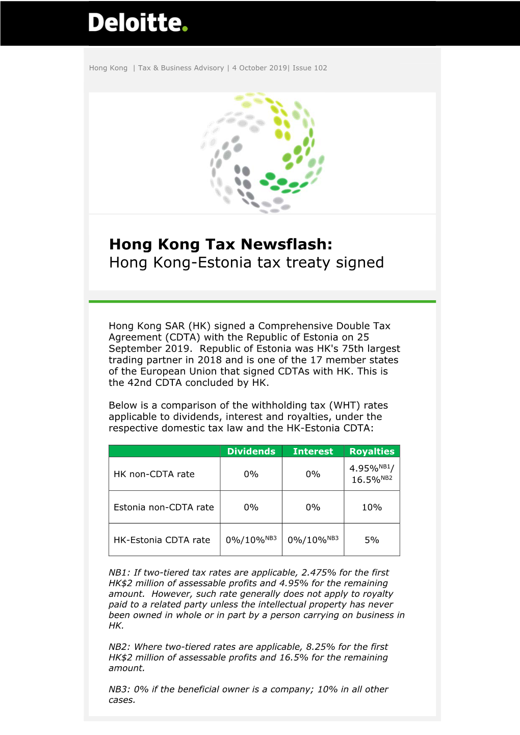 Hong Kong Tax Newsflash: Hong Kong-Estonia Tax Treaty Signed