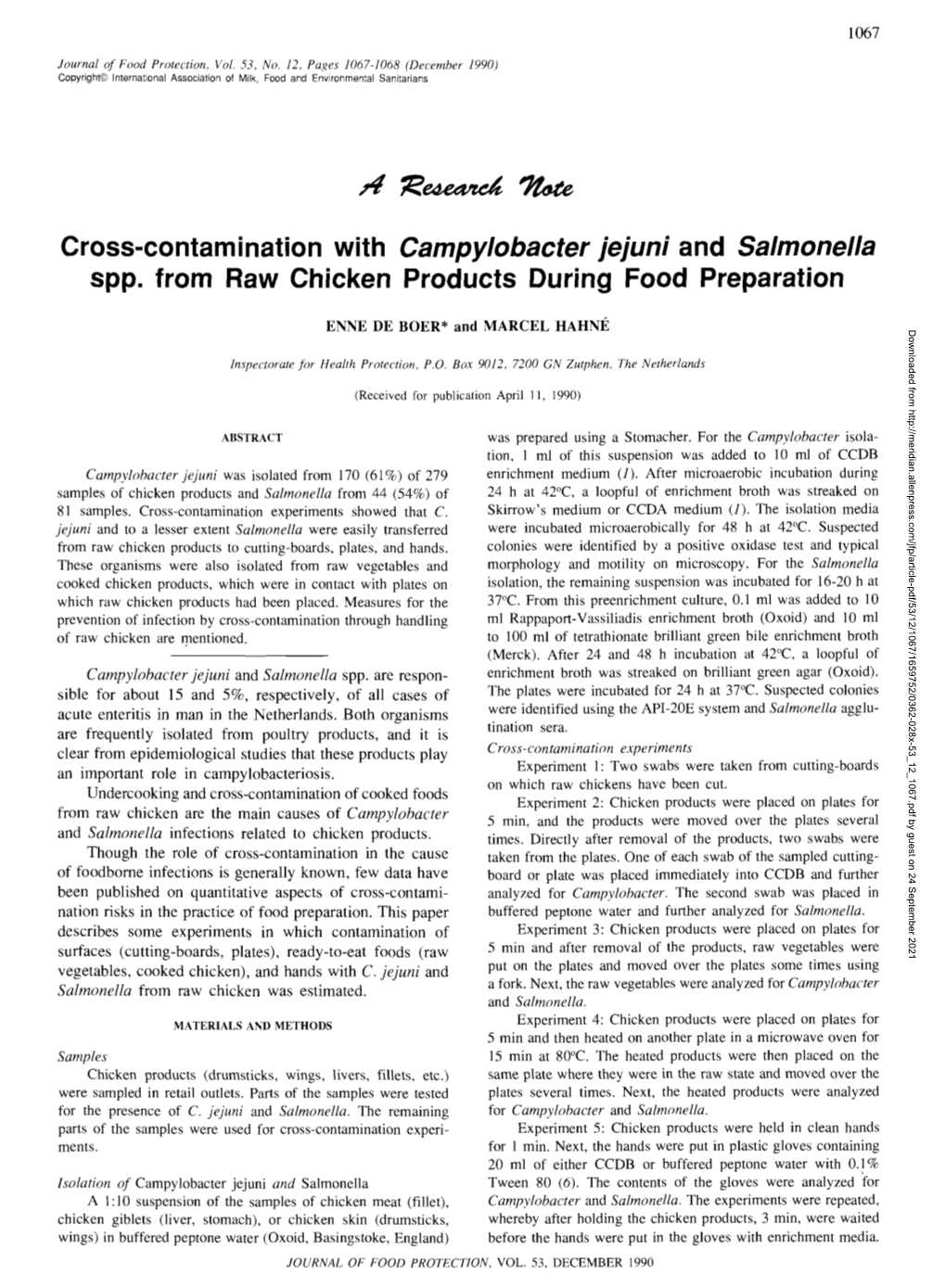 Cross-Contamination with Campylobacter Jejuni and Salmonella Spp. from Raw Chicken Products During Food Preparation