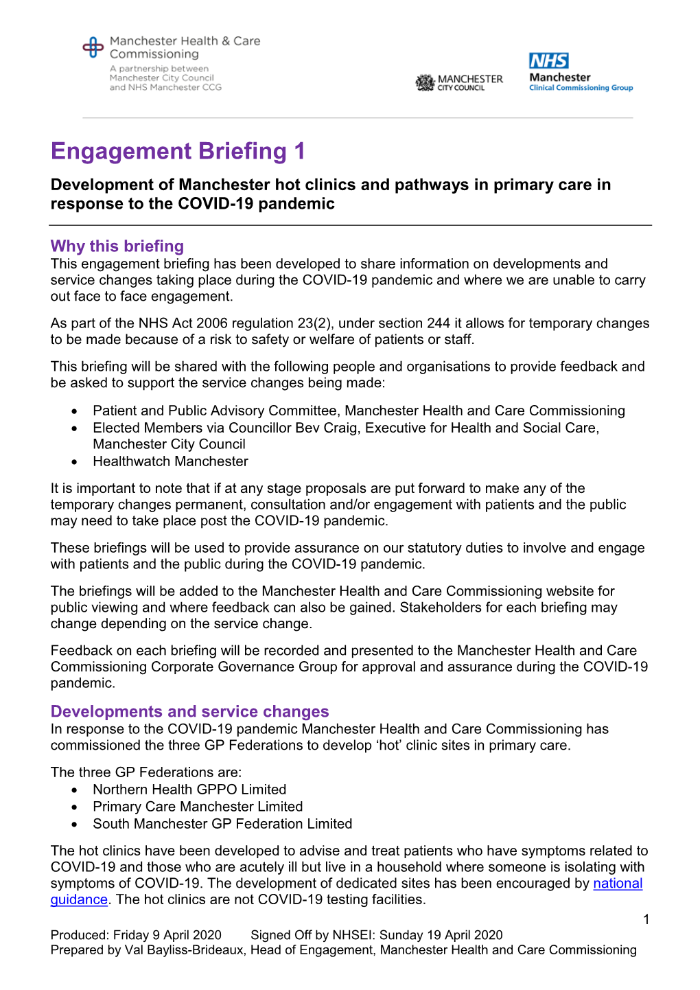 Engagement Briefing 1 COVID-19 Clinics Pdf 83KB