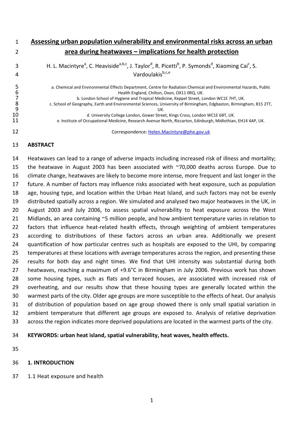 Assessing Urban Population Vulnerability and Environmental Risks Across an Urban 2 Area During Heatwaves – Implications for Health Protection