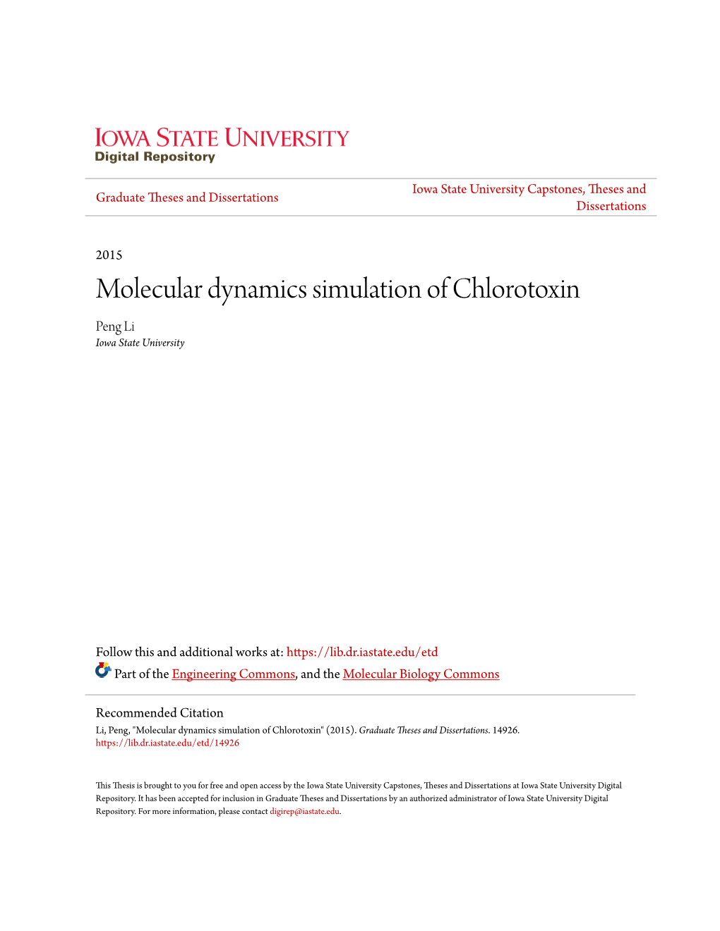 Molecular Dynamics Simulation of Chlorotoxin Peng Li Iowa State University